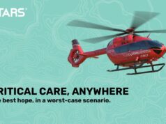 STARS Air Ambulance Records 100 Missions in Stettler Area Since 2021 Red STARS medical helicopter in flight on a teal contour-map background, with the headline 'CRITICAL CARE, ANYWHERE'.