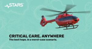 STARS Air Ambulance Records 100 Missions in Stettler Area Since 2021 Red STARS medical helicopter in flight on a teal contour-map background, with the headline 'CRITICAL CARE, ANYWHERE'.