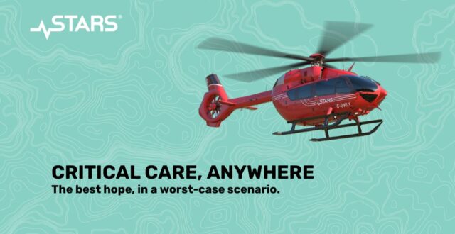 Red STARS medical helicopter in flight on a teal contour-map background, with the headline 'CRITICAL CARE, ANYWHERE'.