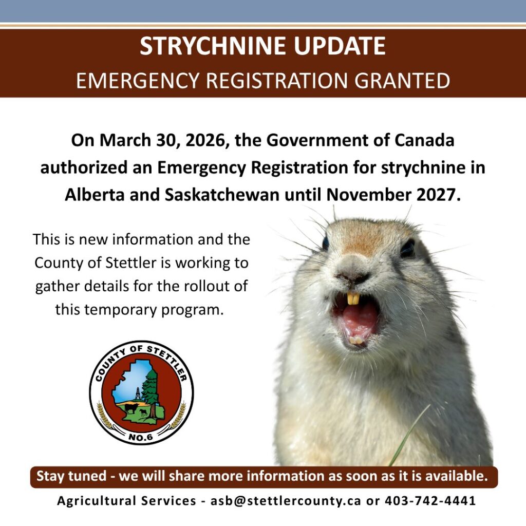 Info poster: Emergency registration for strychnine granted in Alberta and Saskatchewan; features a prairie dog on the right and the County of Stettler seal on the left.