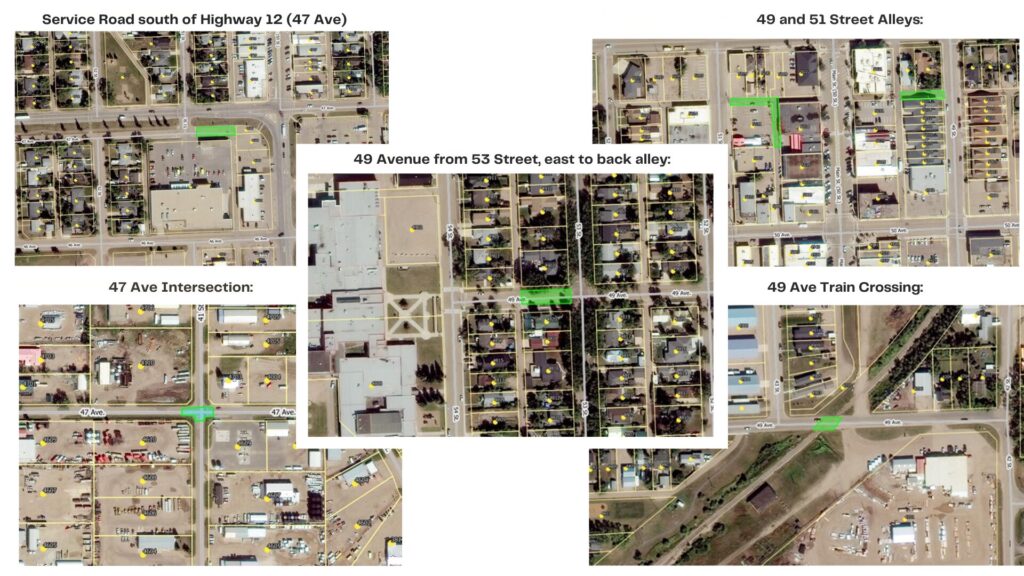 Collage of aerial map sections highlighting key locations: Service Road south of Highway 12 (47 Ave), intersections, alleys and a train crossing with green highlights and numbered streets labeled throughout.