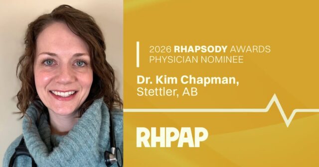 Portrait of a smiling female physician with a stethoscope, set against a gold panel that reads '2026 RHAPSODY AWARDS PHYSICIAN NOMINEE' on the right side.