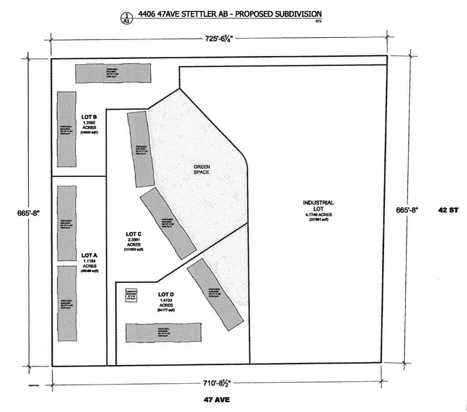 Site plan for proposed subdivision showing a large industrial lot on the right, central green space, and several left-side lots with surrounding streets.