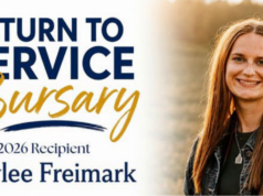 Baylee Freimark Awarded $10K Clearview Return to Service Bursary Award banner for 'Return to Service Burgundy' featuring Baylee Freimark, smiling woman on the right.
