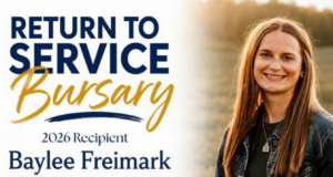 Baylee Freimark Awarded $10K Clearview Return to Service Bursary Award banner for 'Return to Service Burgundy' featuring Baylee Freimark, smiling woman on the right.