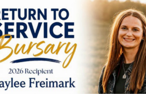Baylee Freimark Awarded $10K Clearview Return to Service Bursary Award banner for 'Return to Service Burgundy' featuring Baylee Freimark, smiling woman on the right.