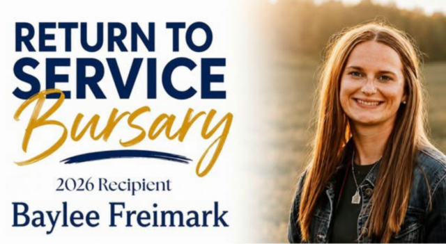 Award banner for 'Return to Service Burgundy' featuring Baylee Freimark, smiling woman on the right.