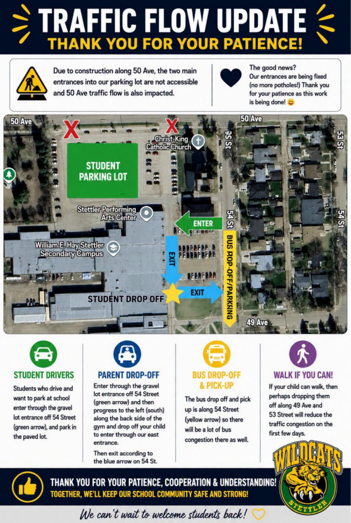 Aerial map showing school campus with a green 'Student Parking Lot' area, blue exit path, and yellow bus drop-off/pick-up lane, plus labeled streets and entrances.