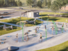 County of Stettler Approves $50K Funding For Spray Park Rebuild A park splash-pad area where children run through spraying water jets, with benches and a small building in the background.