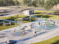 County of Stettler Approves $50K Funding For Spray Park Rebuild A park splash-pad area where children run through spraying water jets, with benches and a small building in the background.
