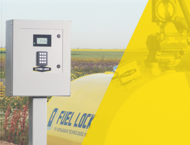Fuel-lock security cabinet with keypad mounted on a post beside a field, with a yellow tinted overlay on the right.