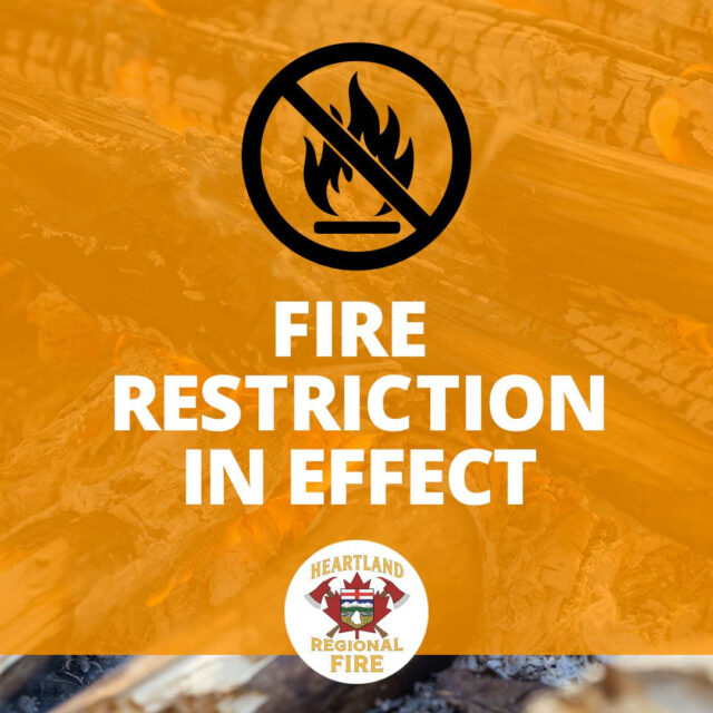 Fire restriction in effect message with an essential warning symbol and Heartland Regional Fire logo (orange background)