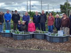Ceremony Held For Upgraded Stettler Central Community Garden Group of diverse volunteers standing behind raised garden beds in a community garden, with houses and trees in the background.