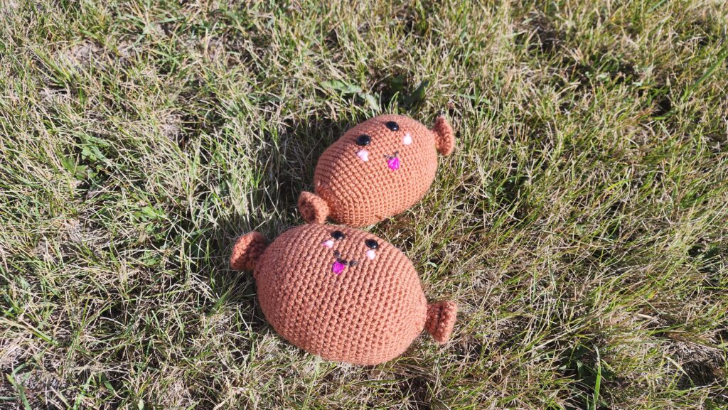 Two brown crocheted teddy bears lying on dry grass outdoors, facing upward.