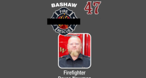 Bashaw Fire Department Mourns Loss of Volunteer Firefighter & Son Portrait of a firefighter in uniform beneath a fire department badge, with a gray background and the word 'Firefighter' shown below.
