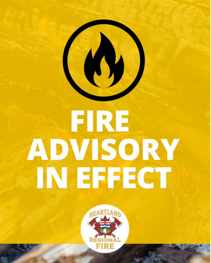 Yellow warning poster reading 'FIRE ADVISORY IN EFFECT' with a black flame icon; Heartland Regional Fire logo at bottom.