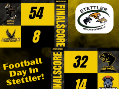 Football Day In Stettler Held On September 26 Promotional collage for a Stettler football day, featuring team logos, bold yellow/black panels and numbers 54, 8, 32, 14.