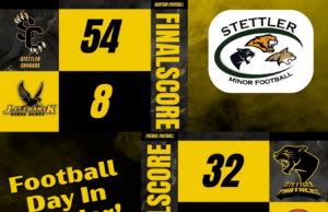 Football Day In Stettler Held On September 26 Promotional collage for a Stettler football day, featuring team logos, bold yellow/black panels and numbers 54, 8, 32, 14.