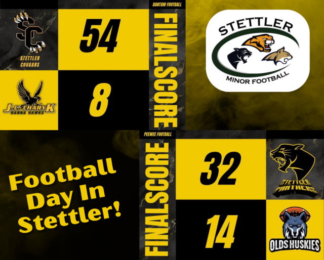 Football Day In Stettler (1) Promotional collage for a Stettler football day, featuring team logos, bold yellow/black panels and numbers 54, 8, 32, 14.