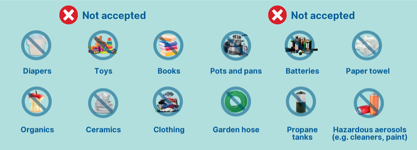 Not accepted items for recycling: diapers, toys, books, pots and pans, batteries, paper towels, organics, ceramics, clothing, garden hose, propane tanks, and hazardous aerosols (e.g., cleaners, paint).