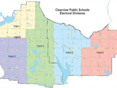 Clearview Trustees Updated On Public School Ward Boundary Review Map of Clearwater Public Schools electoral divisions, showing Ward 1 through Ward 6 in different colors.