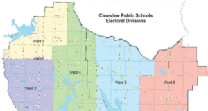 Clearview Trustees Updated On Public School Ward Boundary Review Map of Clearwater Public Schools electoral divisions, showing Ward 1 through Ward 6 in different colors.