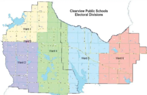 Clearview Trustees Updated On Public School Ward Boundary Review Map of Clearwater Public Schools electoral divisions, showing Ward 1 through Ward 6 in different colors.