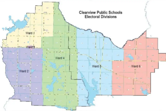 Clearview Trustees Updated On Public School Ward Boundary Review Map of Clearwater Public Schools electoral divisions, showing Ward 1 through Ward 6 in different colors.