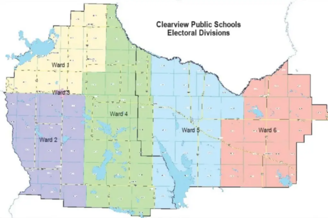 Map of Clearwater Public Schools electoral divisions, showing Ward 1 through Ward 6 in different colors.
