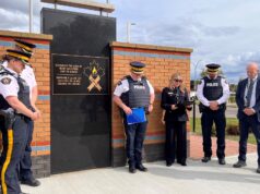 RCMP Unveil Memorial Plaque For Employees Lost To Suicide Group of uniformed officers standing in a semicircle beside a brick memorial wall with a gold-lettered plaque that reads 'Honouring the lives of RCMP employees lost to suicide' and a maple‑leaf ribbon emblem nearby.