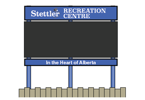 Town of Stettler Awards $68K Contract For New Recreation Centre Digital Sign Outdoor sign for Stettler Recreation Centre, with a blue header and posts, showing the slogan 'In the Heart of Alberta' on a wooden fence backdrop.