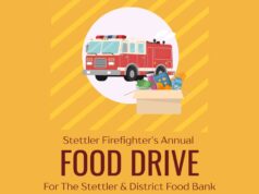 Stettler Fire Department Food Drive: Most Needed Items Poster for Stettler Firefighter's Annual Food Drive featuring a red fire truck and a box of groceries on a yellow background.