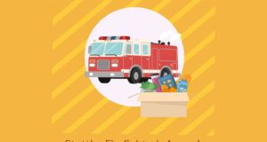 Stettler Fire Department Food Drive: Most Needed Items Poster for Stettler Firefighter's Annual Food Drive featuring a red fire truck and a box of groceries on a yellow background.
