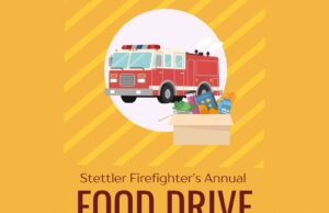 Stettler Fire Department Food Drive: Most Needed Items Poster for Stettler Firefighter's Annual Food Drive featuring a red fire truck and a box of groceries on a yellow background.
