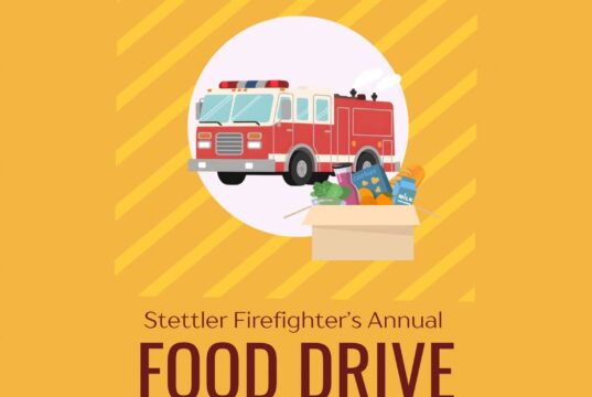 Stettler Fire Department Food Drive: Most Needed Items Poster for Stettler Firefighter's Annual Food Drive featuring a red fire truck and a box of groceries on a yellow background.