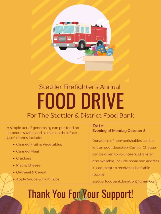 Poster for Stettler Firefighter's Annual Food Drive featuring a red fire truck and a box of groceries on a yellow background.