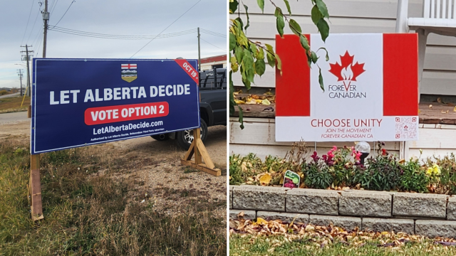 Two roadside signs: on the left a blue Alberta election banner reading 'LET ALBERTA DECIDE' and 'VOTE OPTION 2'; on the right a white-and-red 'FOREVER CANADIAN' sign with a maple leaf and 'CHOOSE UNITY' text.