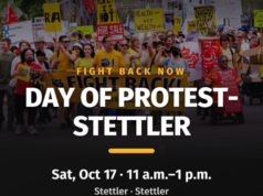 Day of Protest: Organizers Stage Stettler Rally Against UCP Agenda Crowd of protesters marching with signs behind a bold poster that reads 'Day of Protest – Stettler' and 'Sat, Oct 17, 11 a.m.–1 p.m.'