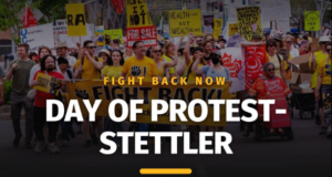 Day of Protest: Organizers Stage Stettler Rally Against UCP Agenda Crowd of protesters marching with signs behind a bold poster that reads 'Day of Protest – Stettler' and 'Sat, Oct 17, 11 a.m.–1 p.m.'