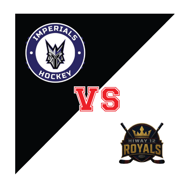 Versus graphic showing Imperials Hockey logo top-left, red 'VS' in the center, and Hiway Royals logo bottom-right on a diagonal black background.