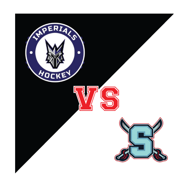 Diagonally split graphic with Imperial's Hockey logo on the black left half and a blue horned S with crossed swords on the white right half, red VS in the center.