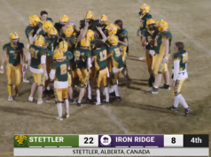 Stettler Wildcats Win First Home Game Since 2022 Football players in green and gold huddle on a dusty field as a scoreboard shows Stettler 22, Iron Ridge 8 in the 4th quarter (Stettler, Alberta, Canada). -Informative image conveying team celebration and score.